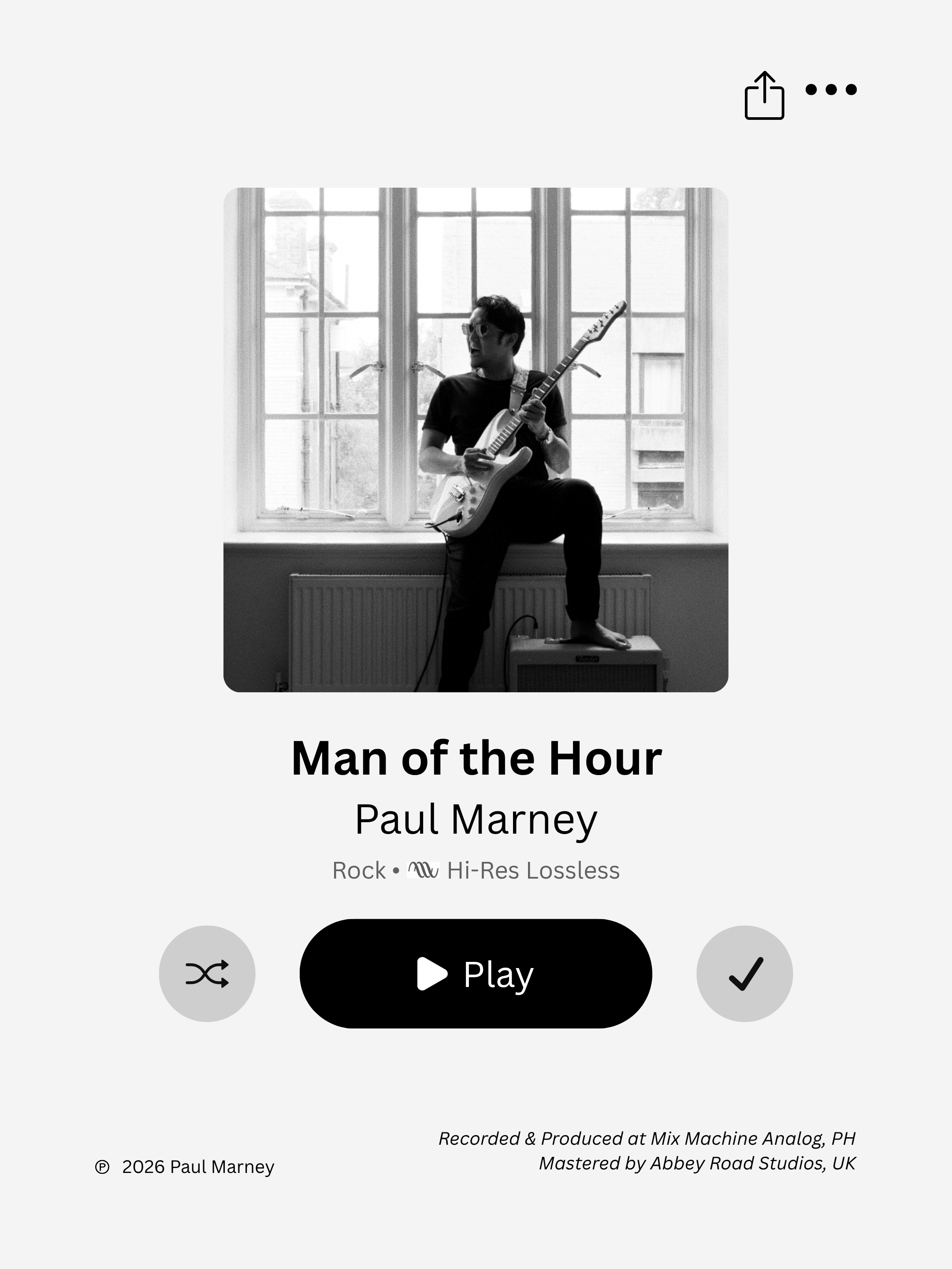 Paul Marney's debut album, Man of the Hour - recorded and produced at Mix Machine Analog, Philippines, and mastered at Abbey Road Studios, London, United Kingdom.