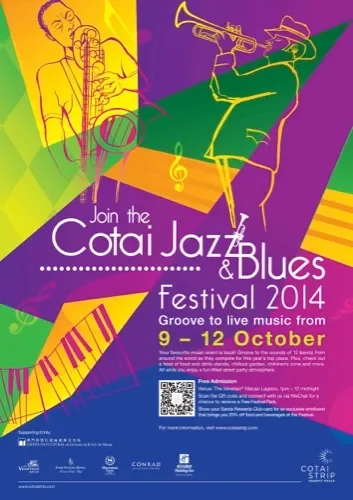 Poster for the Cotai Jazz & Blues Festival 2014 featuring illustrations of a saxophonist and a trumpet player, with colorful abstract shapes and a keyboard graphic, promoting live music from October 9 to 12.
