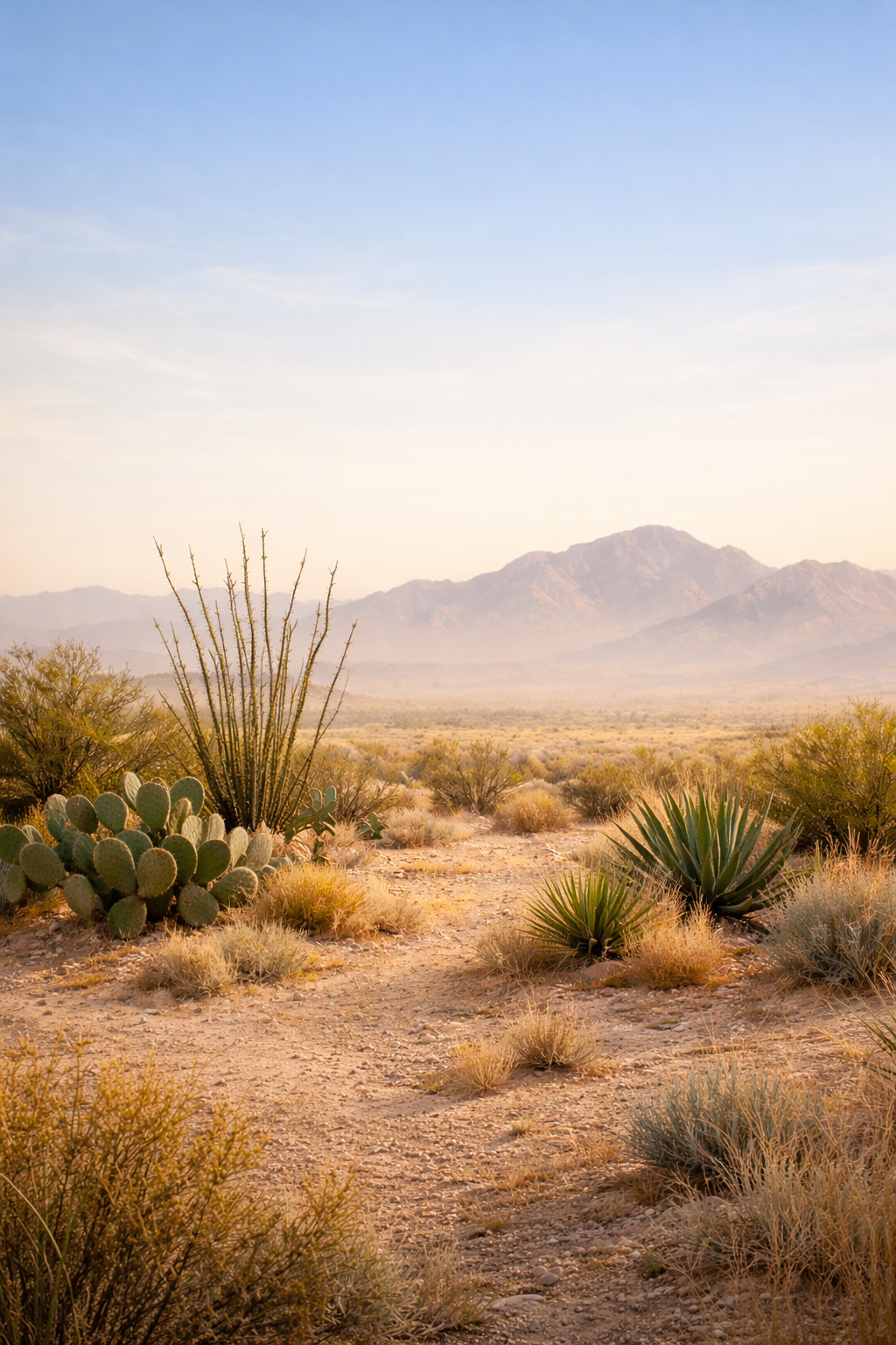 A scene inspired by the Chihuahuan Desert of the El Paso region, with plants such as ocotillo and prickly pear in the foreground and mountains inspired by the local Franklin Mountains in the background.