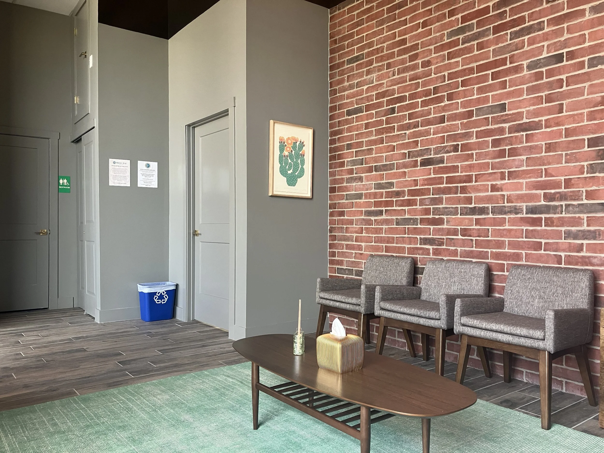 The waiting room at Prickly Pear Dental Care, showcasing a recycling bin in order to illustrate our commitment to sustainability.
