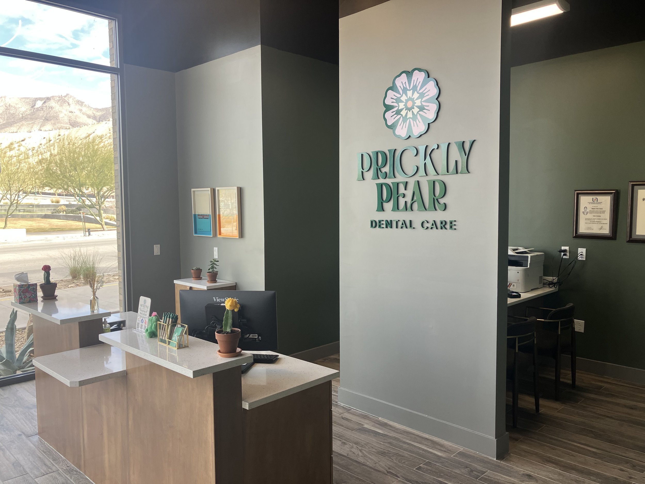 The front-office area at Prickly Pear Dental Care, highlighting our flower logo, local art, and a variety of cacti and other live plants.