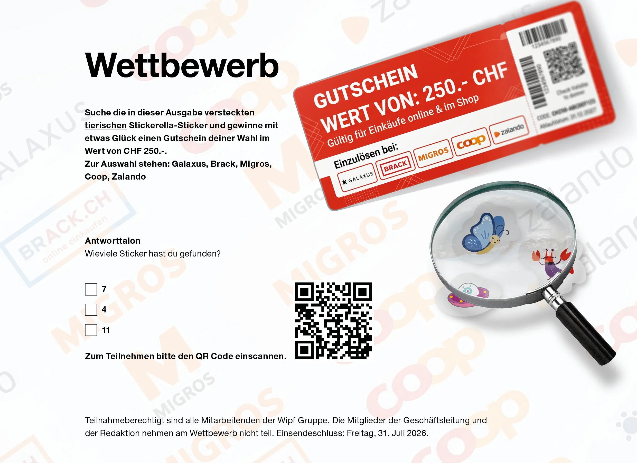 Eine Gewinnspielseite mit einem roten Gutschein im Wert von 250 Schweizer Franken, einem QR-Code, einem Lampenfoto mit einer blauen Schmetterlingsdeko und einem roten Clown. Die Seite lädt zum Scannen des QR-Codes für die Teilnahme ein.