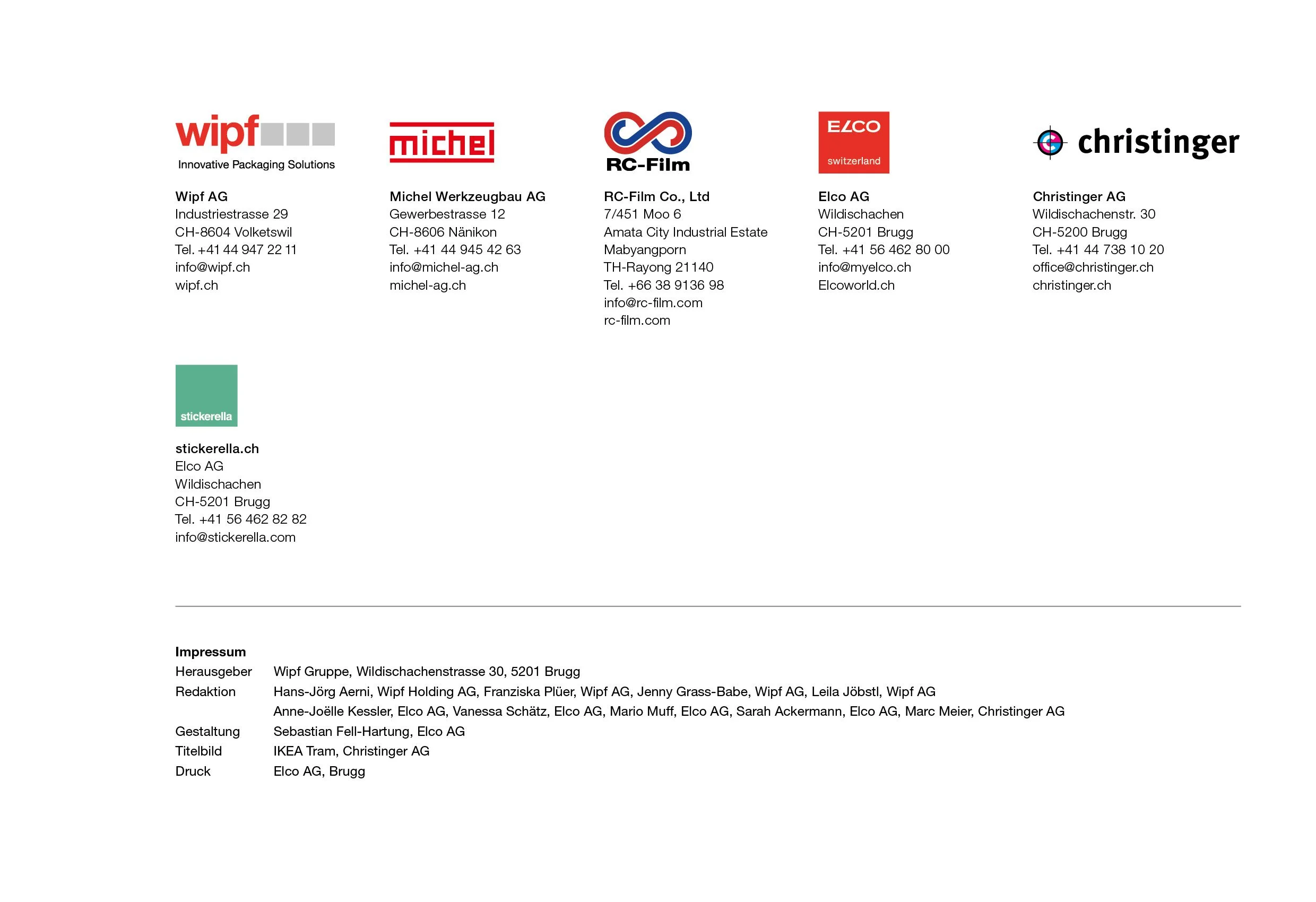 Kontakt- und Impressum-Informationen von verschiedenen Unternehmen, inklusive Adressen, Telefonnummern, E-Mail und Webseiten, sowie Angaben zum Herausgeber, Redaktion und Gestaltung des Dokuments.