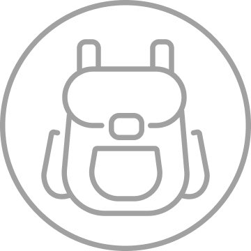 Ein stilisiertes Icon eines Rucksacks in grau, kreisförmig umgeben.