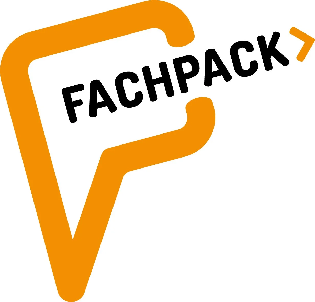 Logo mit orangefarbenem Sprechblasenrahmen und schwarzem Text 'Fachpack'.