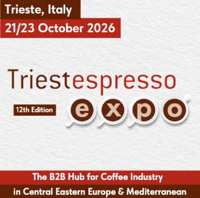 Plakat für die Triestespresso-Konferenz vom 21. bis 23. Oktober 2026 in Triest, Italien, mit dem Slogan "Der B2B-Hub für die Kaffeebranche im Zentrum Europas und im Mittelmeerraum".
