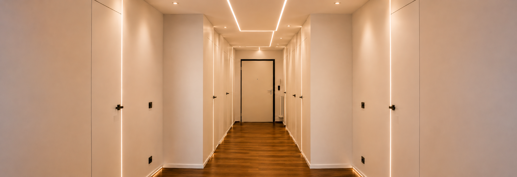 Corridoio moderno con porte filo muro, illuminazione LED a parete e soffitto e finiture in cartongesso su misura