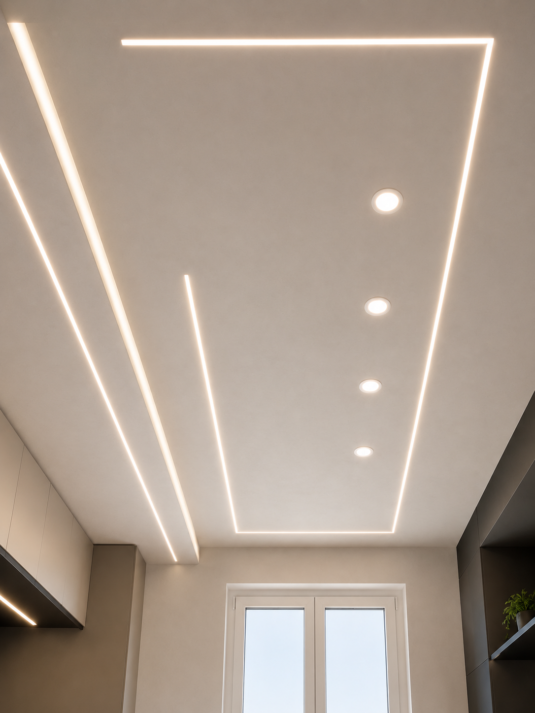 Controsoffitto in cartongesso con illuminazione LED perimetrale e luci a incasso realizzato su misura.