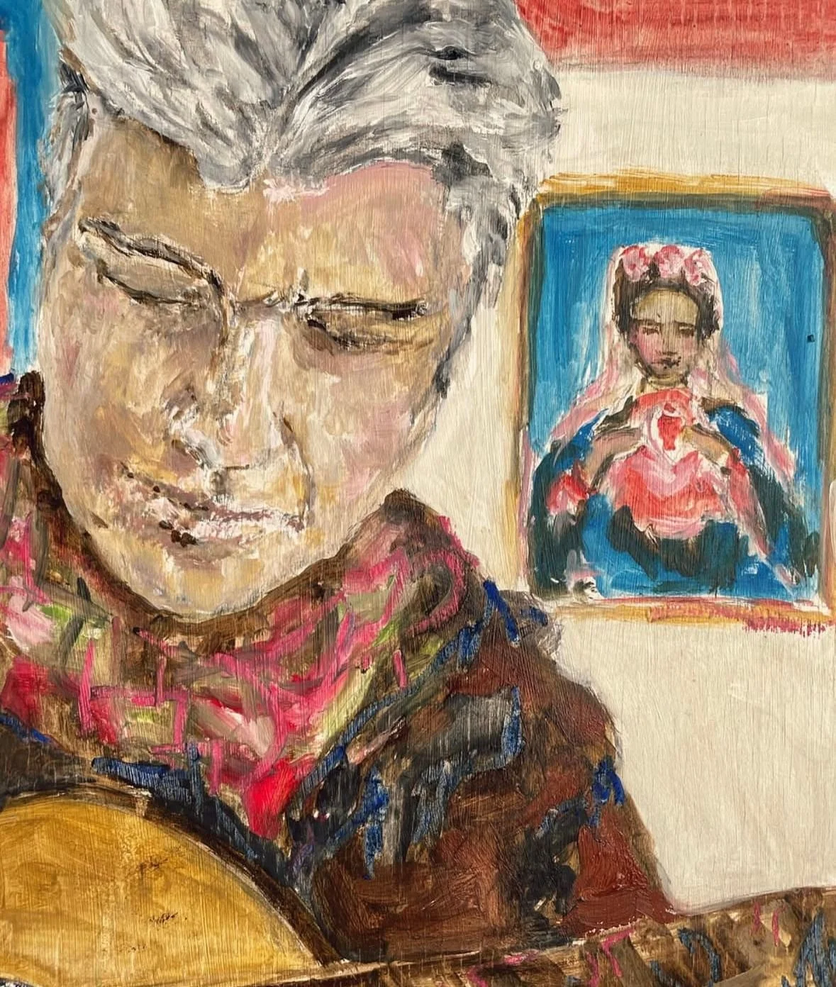 With Frida Kahlo on His Shoulder | 25x20 | oil on board.

Mid-serenade I noticed Frida Kahlo was on his shoulder.