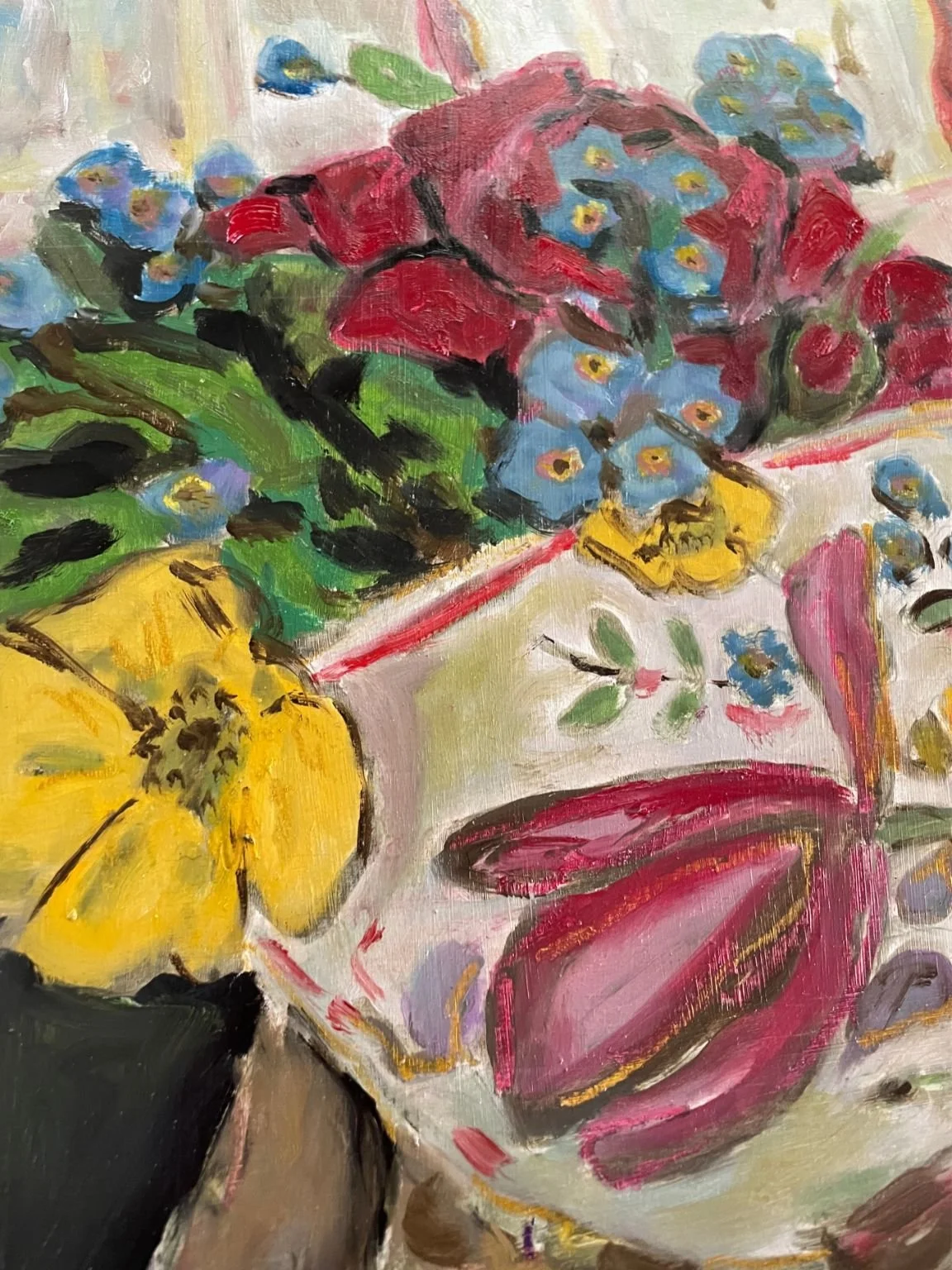 Flowers in the Hand | 50 x 40cm | oil on board

Flowers from my garden matching the flowers on my cup.