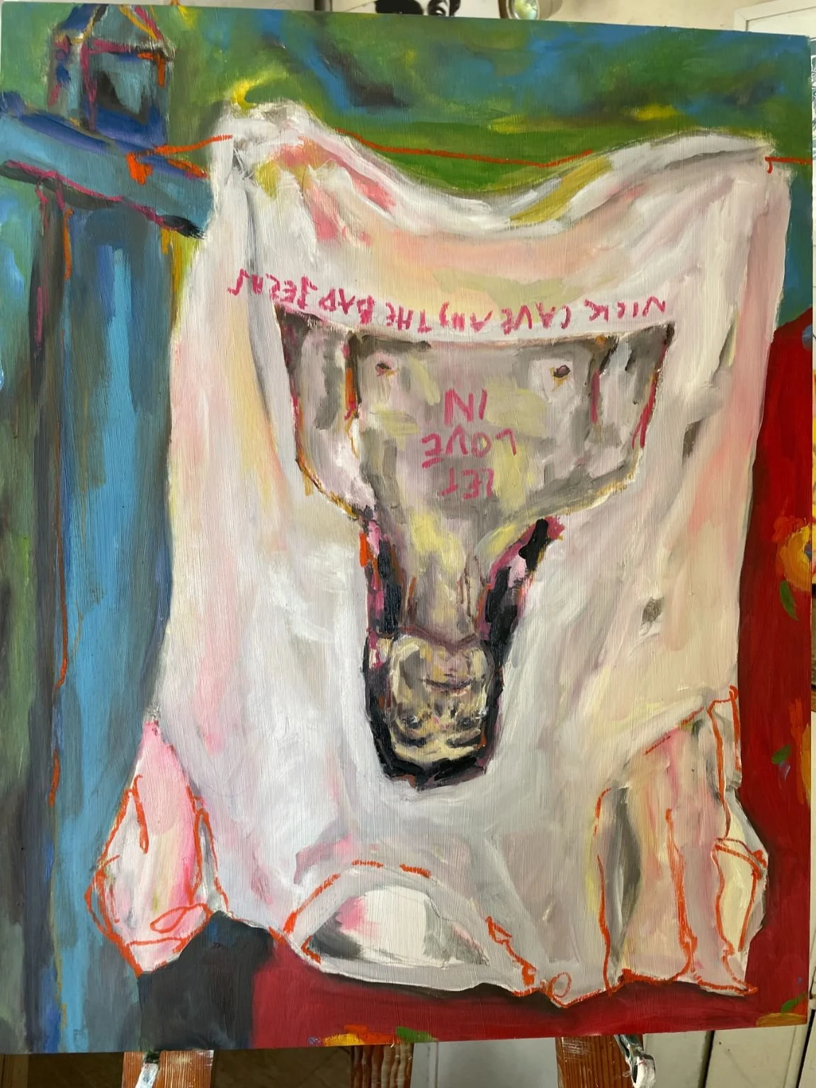 Jack was here | 50 x 40 | Oil on Board

A grown up son’s T-shirt on the clothesline.  The joy of him visiting and having such good taste in music.