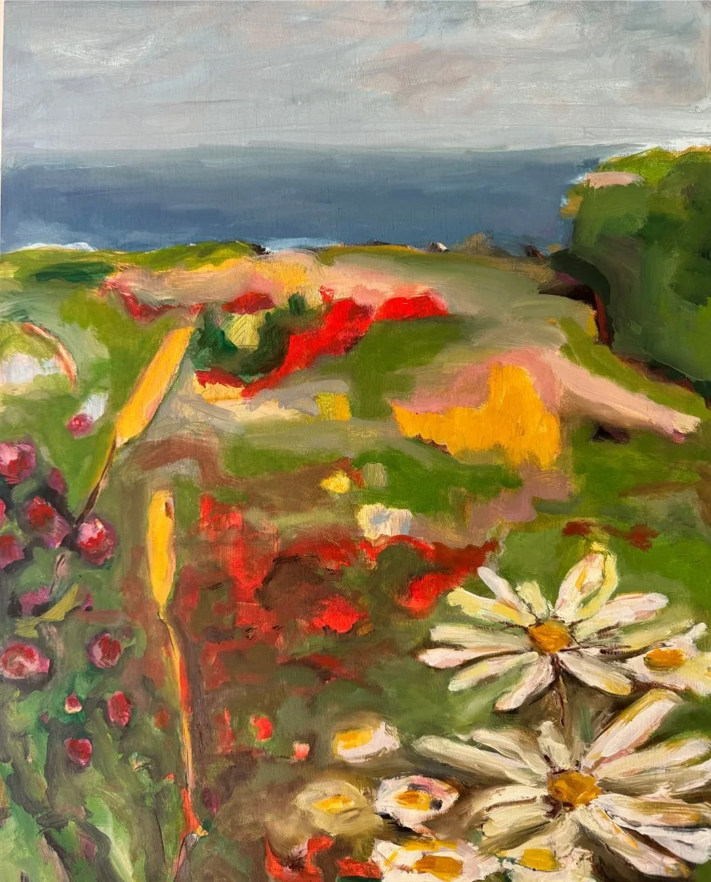Tapestry - 50 x 40cm, oil on board. 

The kaleidoscope of flowers down to the sea at Apollo Bay