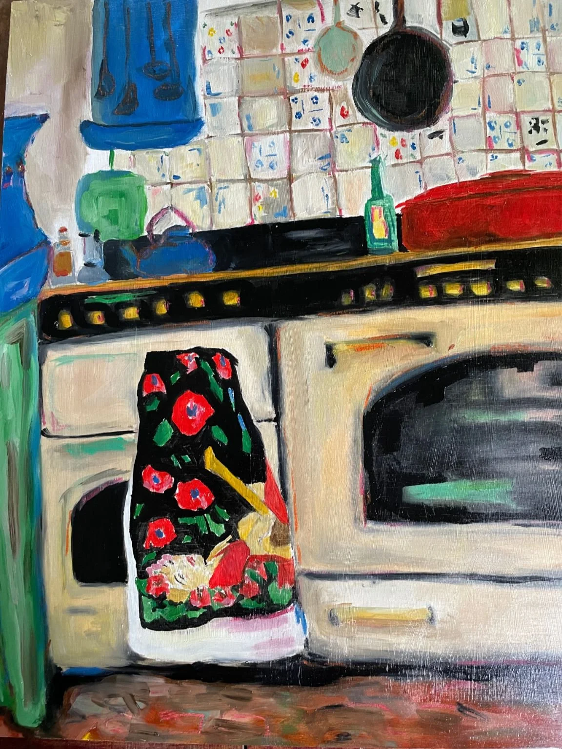 Songbird in my kitchen | 50 x 40cm | oil on board

Beautiful Lo Carmen on a tea towel, a gift from a friend.