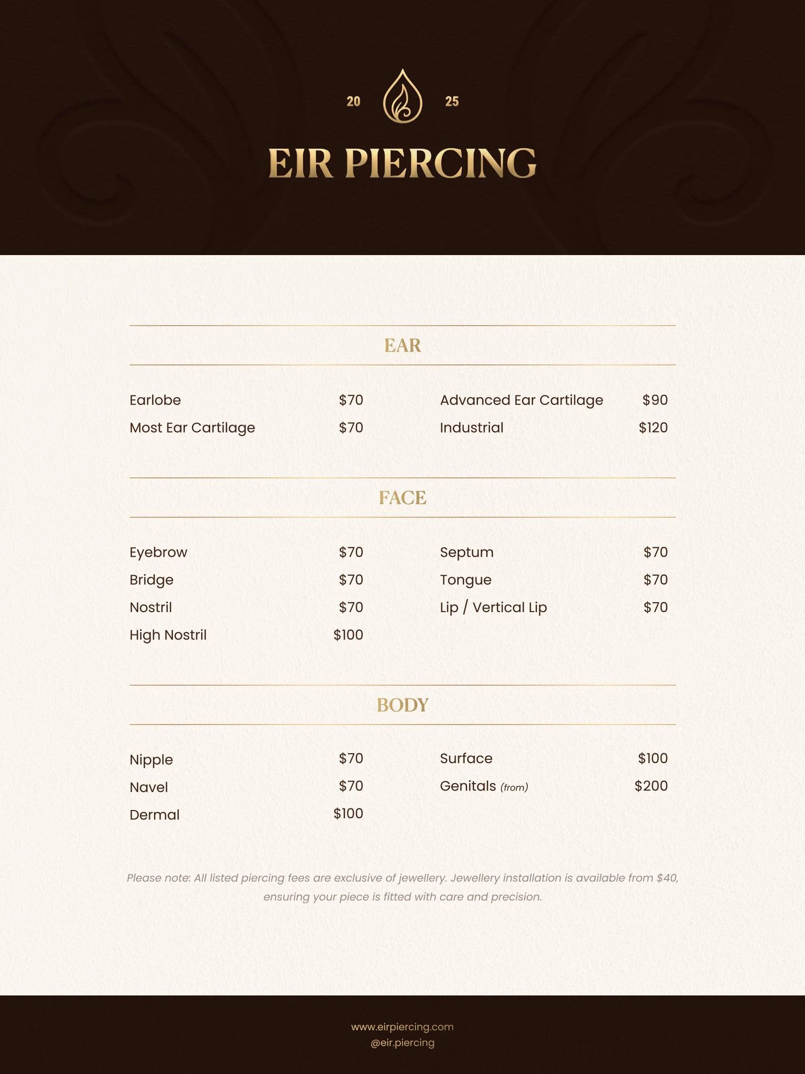 Price list for EIR piercing services, organized by body part including ear, face, and body, with different types of piercings and their costs.