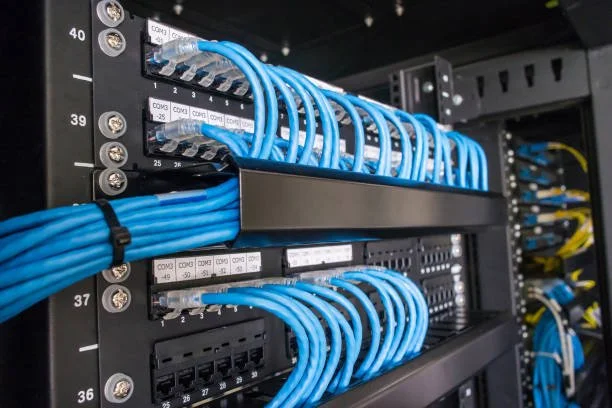 Network patch panel with ethernet cables connected