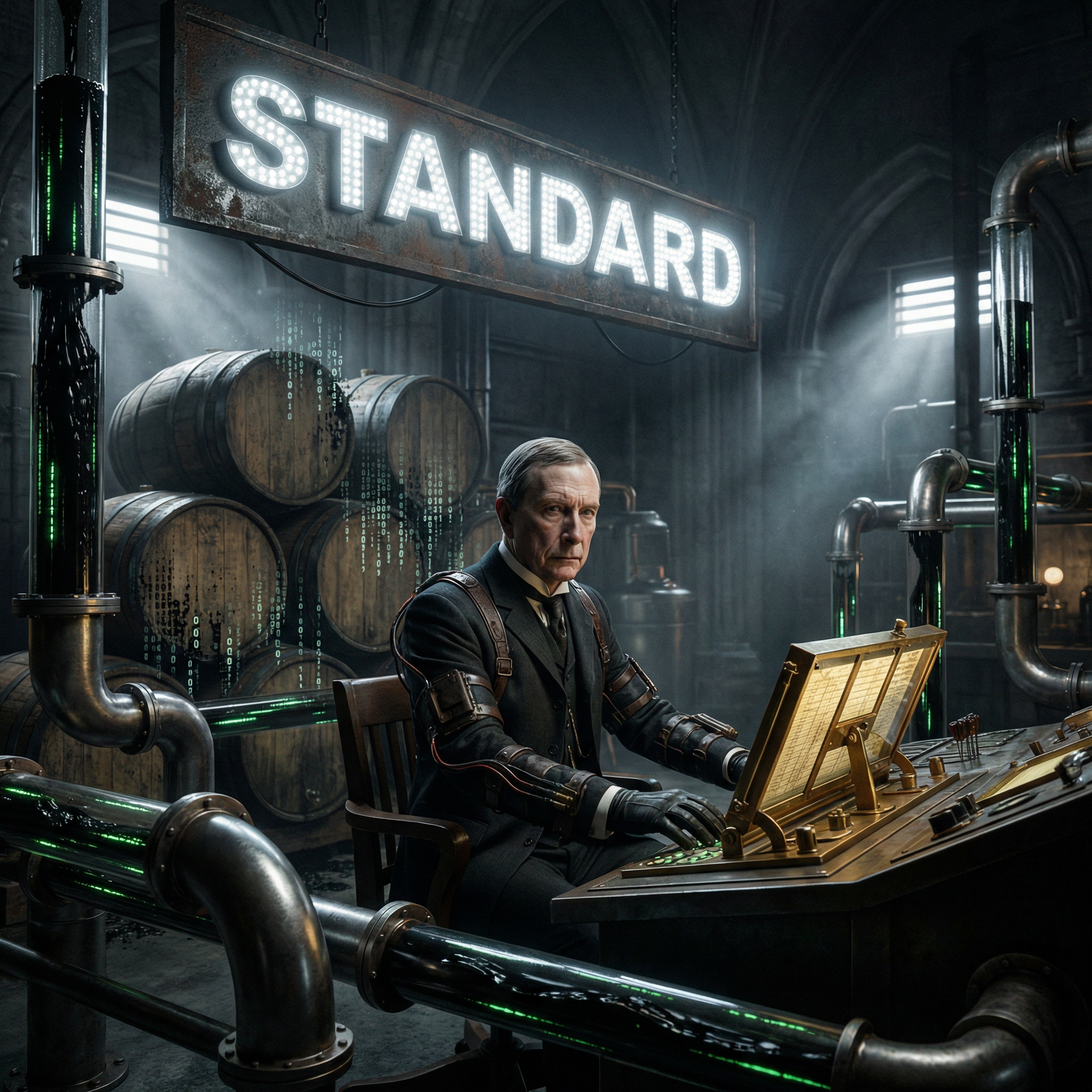 Futuristic cyberpunk illustration of J.D. Rockefeller Sr. as the System Admin, operating the Standard Oil monopoly and the scarcity economy.
