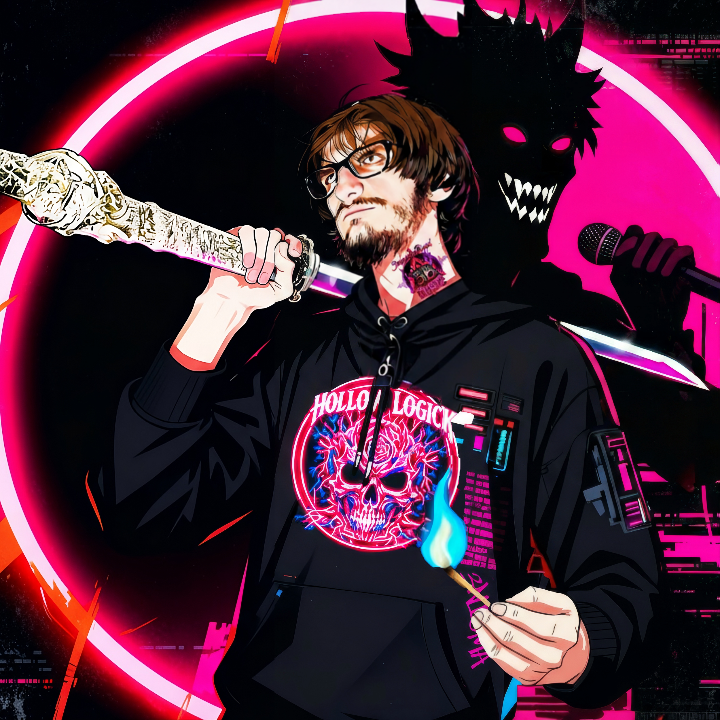 A digital illustration of River Nobles (Hollow Logick) holding a sword on his shoulder, wearing a black hoodie with a neon skull design, in front of a neon-lit background with a shadowy figure holding a microphone.