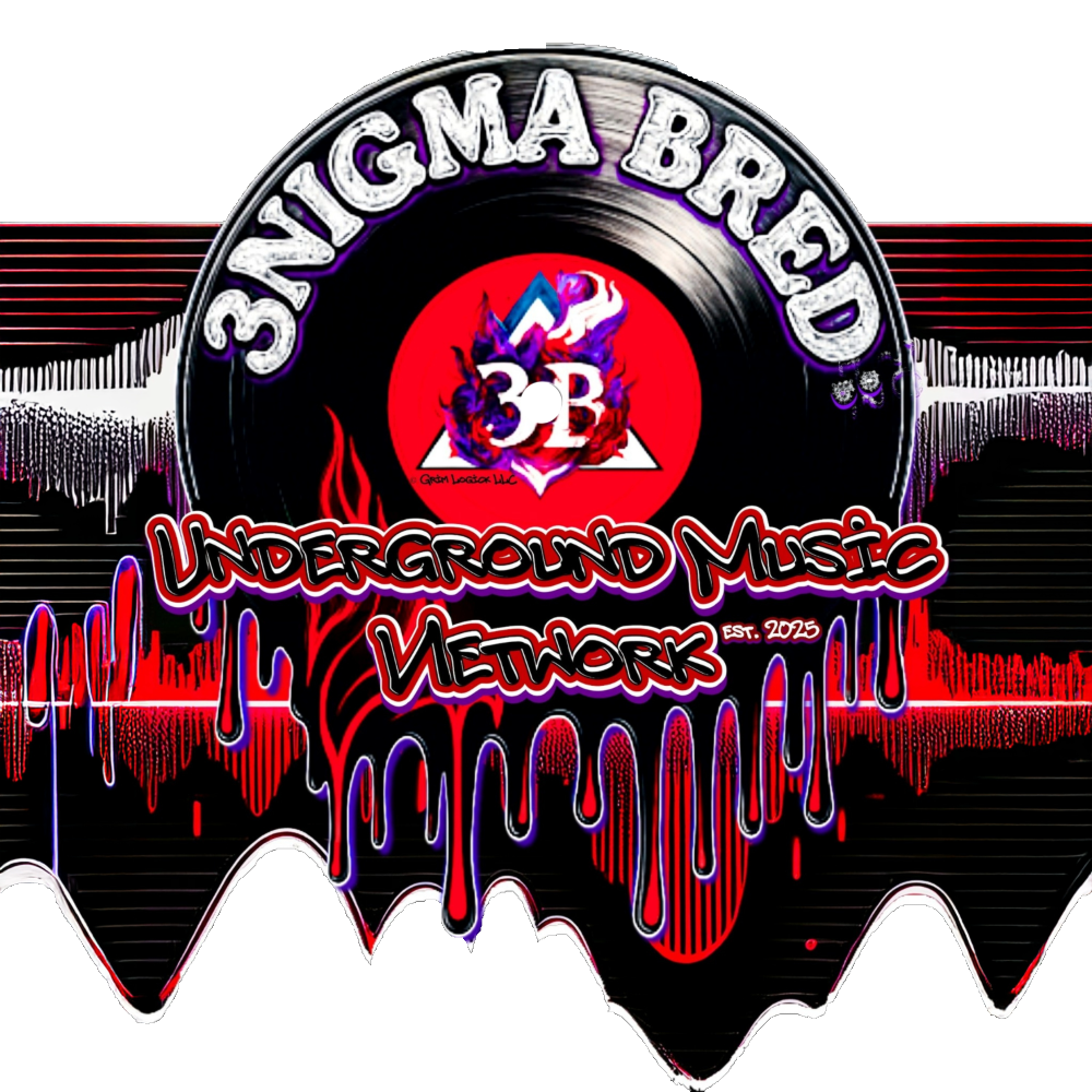 3NIGMA BRED Underground Music Network official circular seal featuring the signature 3B monogram on a dripping vinyl record in front of a wall of waveforms and metallic text branding.