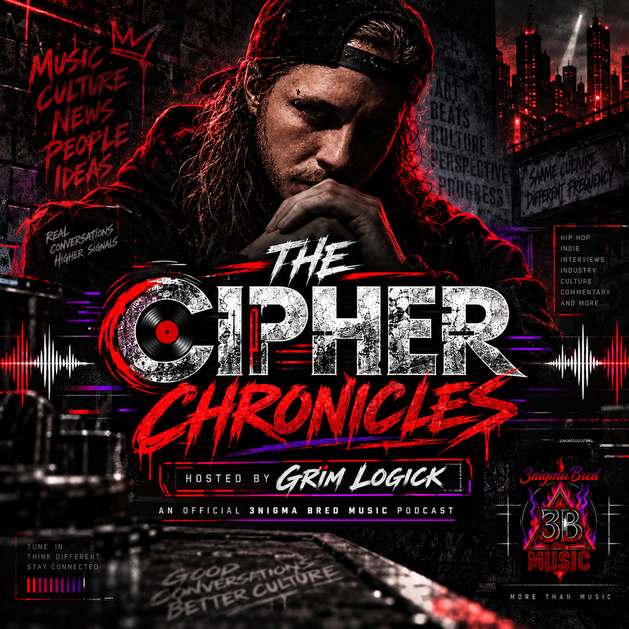 The Cipher Chronicles Podcast cover artwork featuring the show's title and 3NIGMA BRED MUSIC branding.