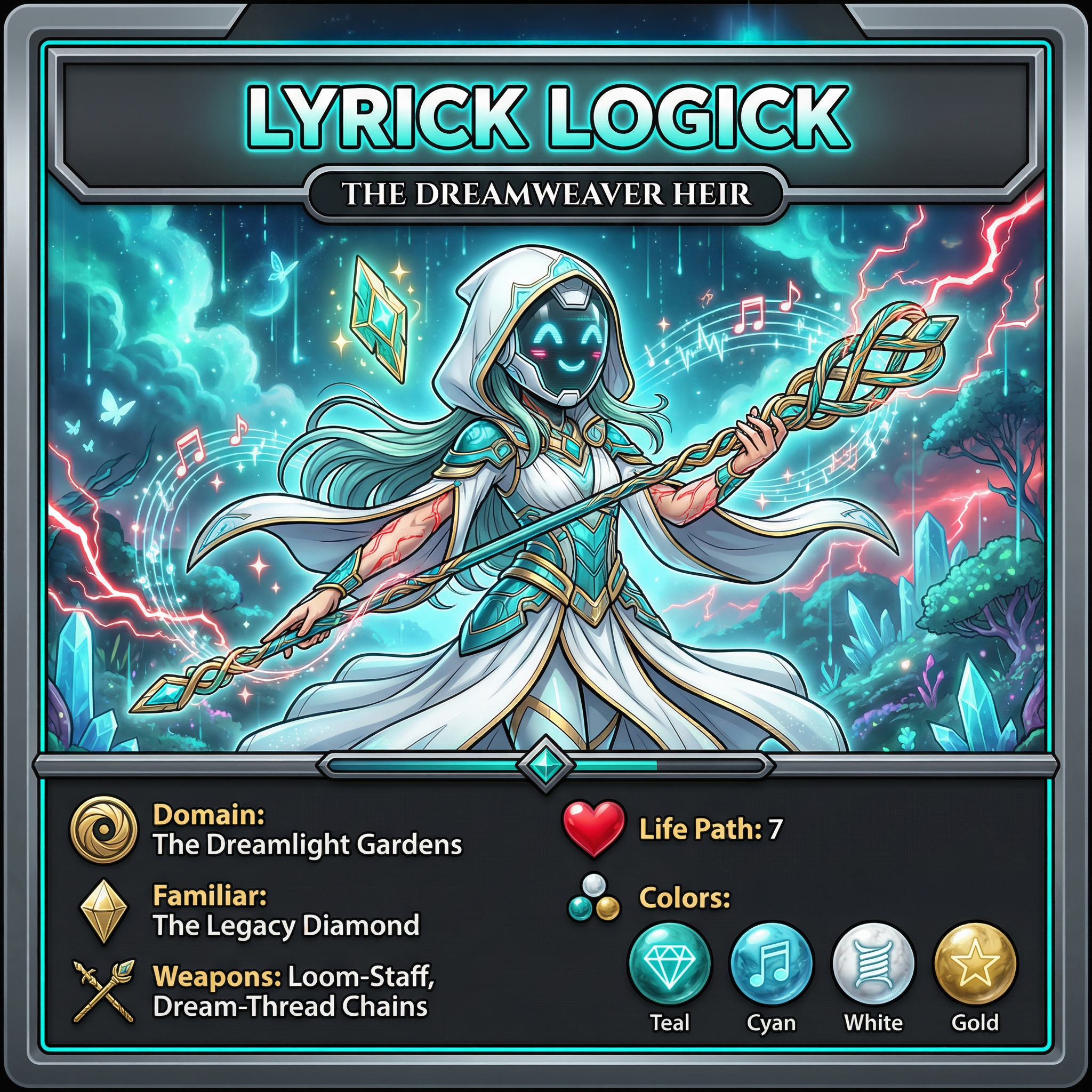 Lyrick Logick The Dreamweaver Heir - Cipher Chronicles character card by 3NIGMA BRED MUSIC. Young hooded girl in white robes with teal armor, emoji mask, Loom-Staff, and Legacy Diamond familiar surrounded by red lightning in The Dreamlight Gardens.