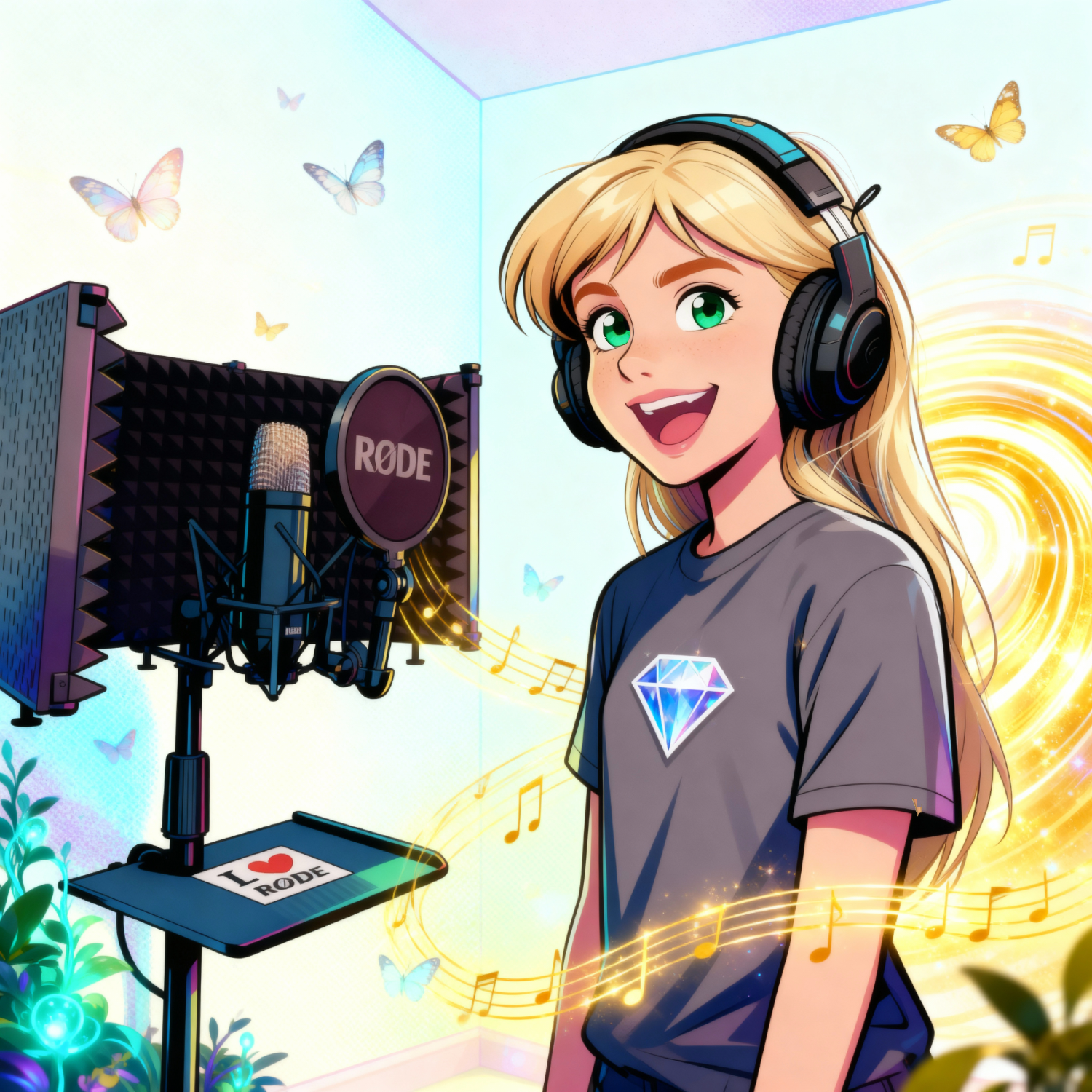 An animated image of Lyrick Logick with long blonde hair, green eyes, wearing a gray t-shirt with a diamond logo, standing in a colorful recording studio with a microphone, headphones, and musical notes.