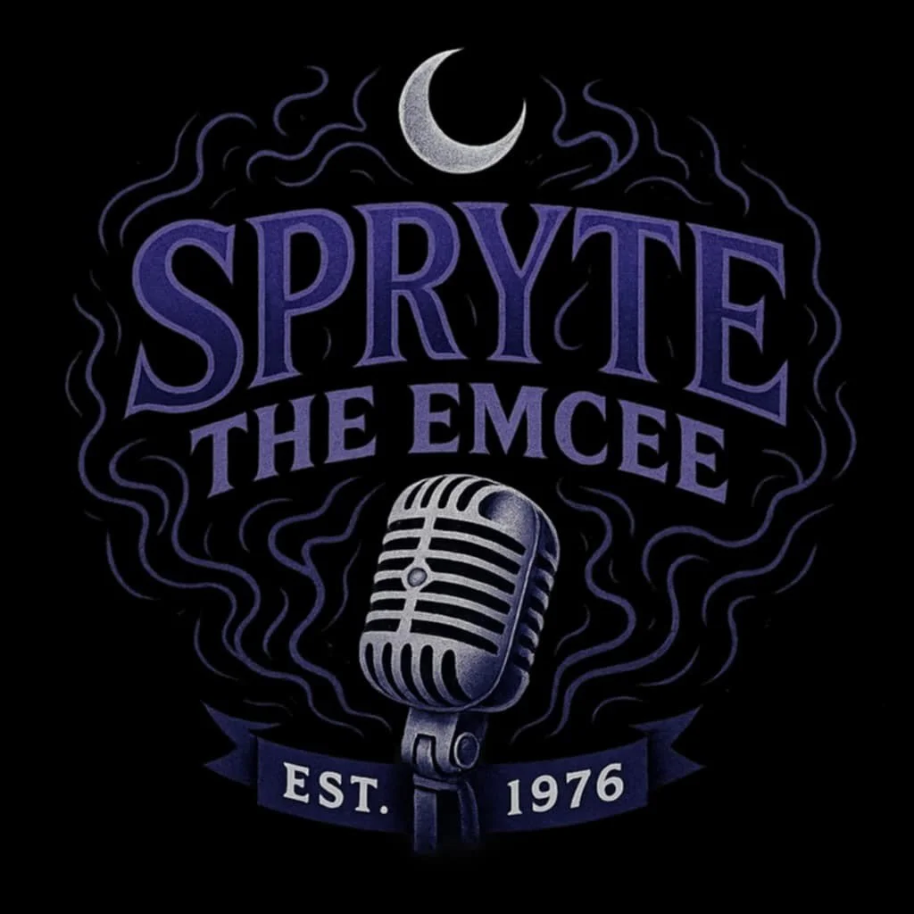 Stylized artwork for "Spryte the Emcee" in purple lettering over a vintage microphone. The design includes a crescent moon, ethereal purple swirls, and a banner with "Est. 1976" on a black background.