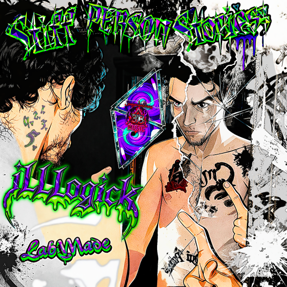Illustrated album cover featuring two men with tattoos, one with tattoos on his face and torso, the other with tattoos on his arm. The background includes graffiti-style black splashes, a broken glass effect, and a CD with vibrant colors. The text reads 'Self Person Stories', 'Illogick', 'LabMade', and '3B Music' in graffiti-style fonts with neon green, purple, and blue colors.