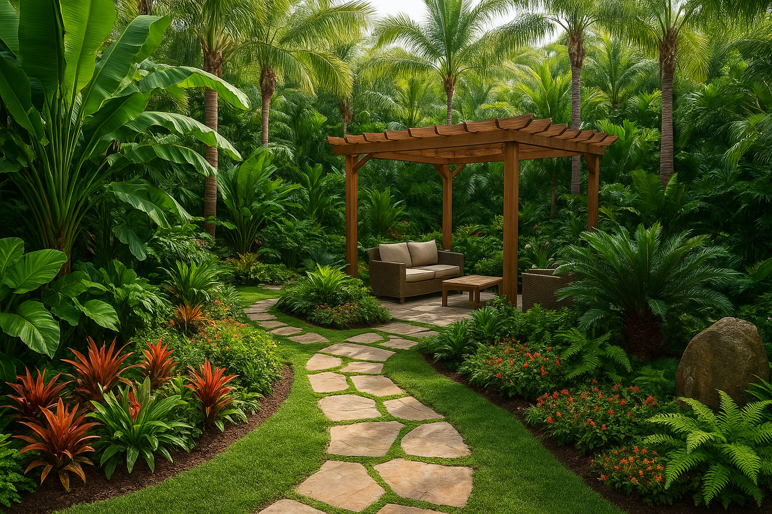 A lush garden with tropical plants surrounds a stone pathway that leads to a wooden gazebo with outdoor seating.