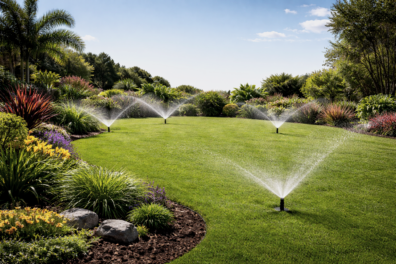 A landscaped garden with sprinklers watering the green grass, surrounded by colorful plants, bushes, and trees under a partly cloudy sky.