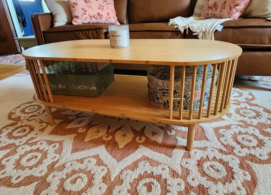 Oval Bamboo Coffee Table Living Room Furniture With Open Storage Shelf