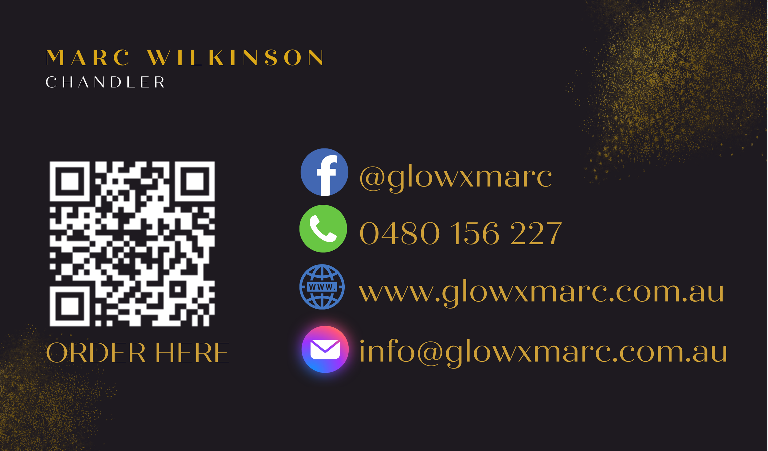 Business card with black background and gold accents, displaying the name Marc Wilkinson, contact details, a QR code, and social media icons for Facebook, WhatsApp, website, and email.