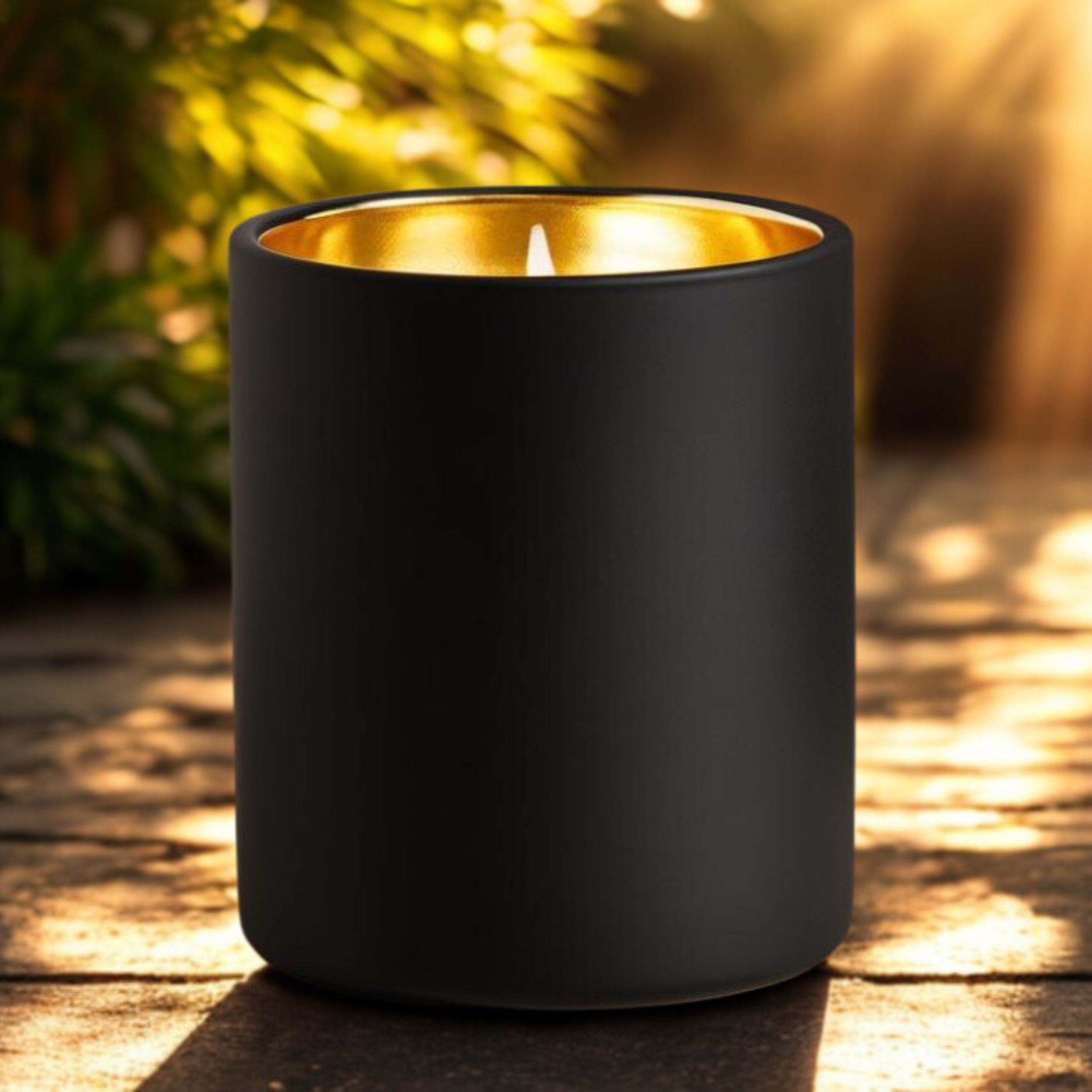A black and rose gold electroplated candle vessel with a lit white candle inside, placed outdoors on a wooden surface with blurred greenery in the background and warm sunlight