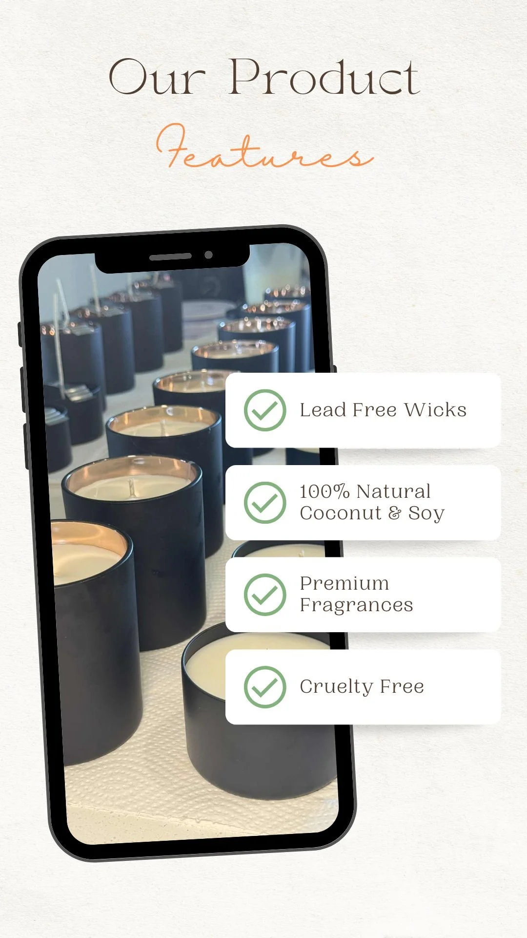 A promotional image showing a smartphone with candles inside black holders, with overlay text highlighting product features such as lead free wicks, 100% natural coconut and soy, premium fragrances, and cruelty-free.