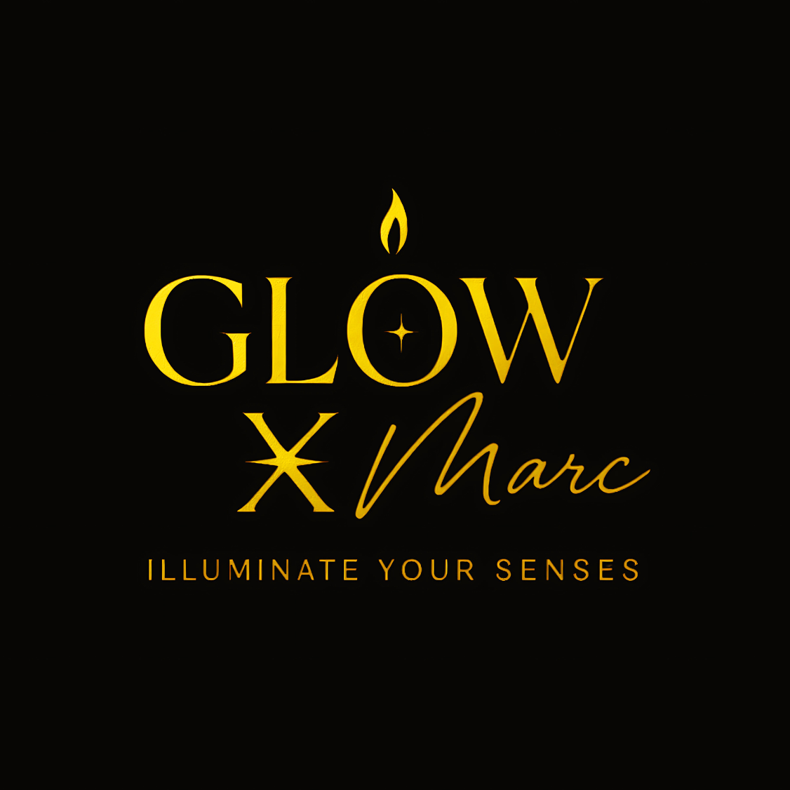 Black background with gold text reading "GLOW Marc" and a candle flame icon above the word "GLOW." Below, it says "Illuminate Your Senses" in gold.