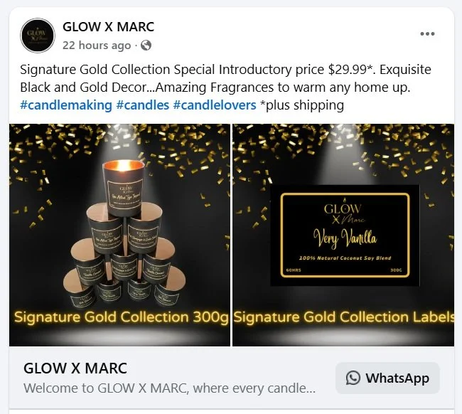 Image showing a collection of black and gold candles from GLOW X MARC, with a close-up of a label indicating the scent 'Very Vanilla' and a display of the candle containers stacked. Gold confetti background.