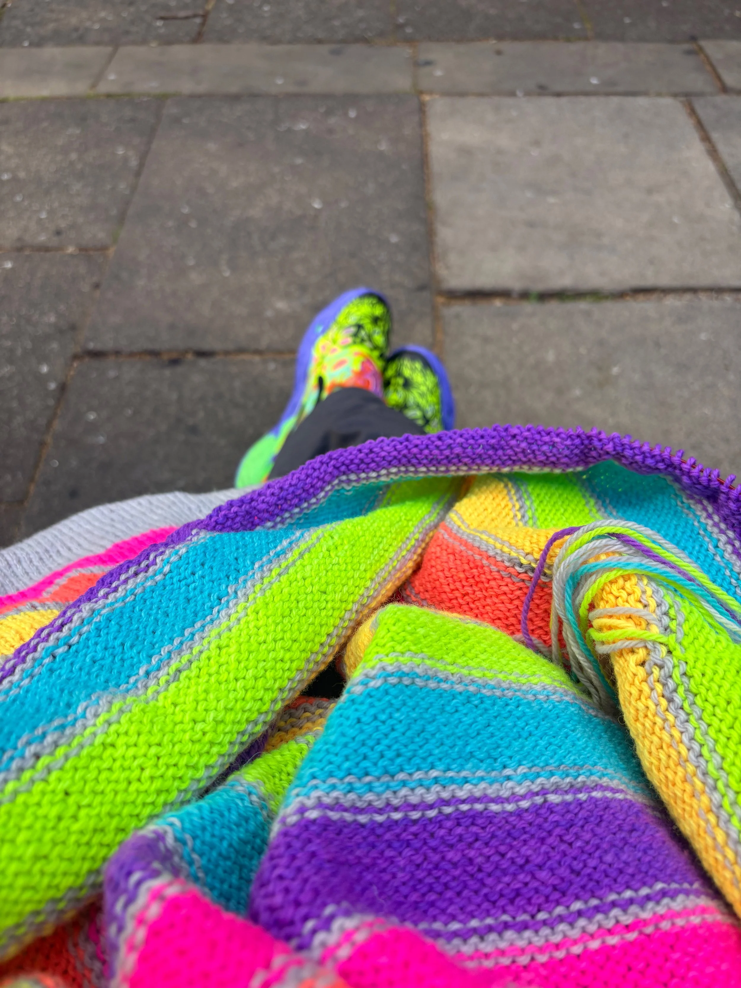Colourful hand-knitted textile created by Dan Lee