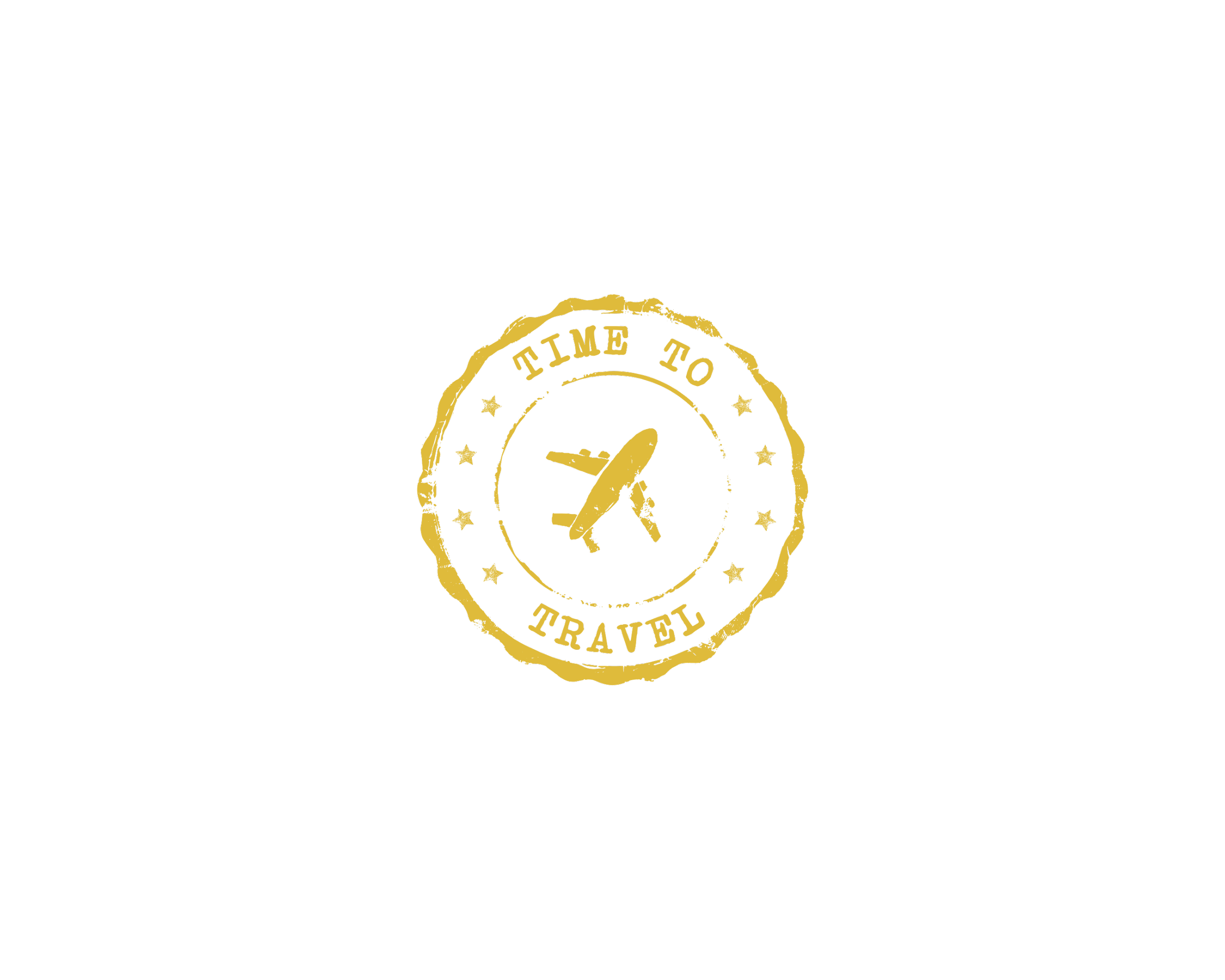 Black background with a gold stamped-style icon of an airplane inside a gear, with the text 'Time to Travel' around it.