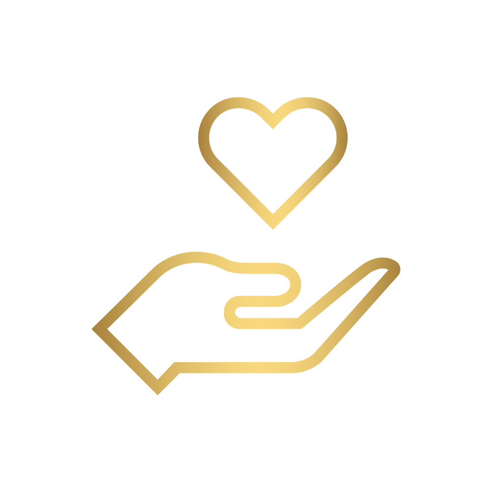 Stylized icon of a hand with a heart above it, outlined in gold with pink inner fill, on a black background.