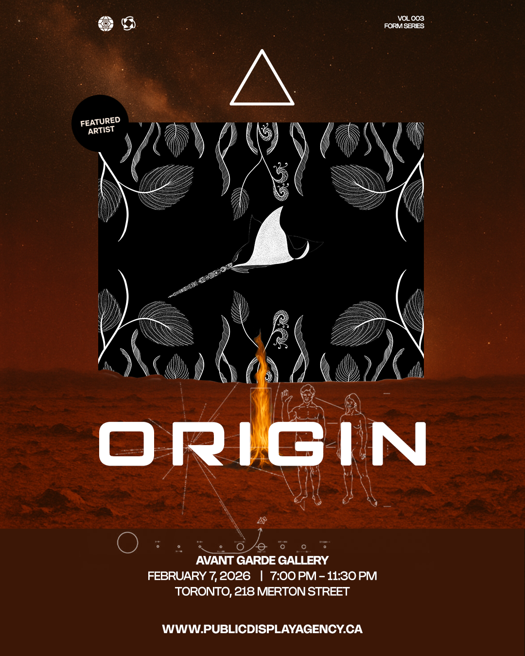 Manta image on poster promoting Origin art show for February 7, 2026 in Toronto, near Davisville Station.
