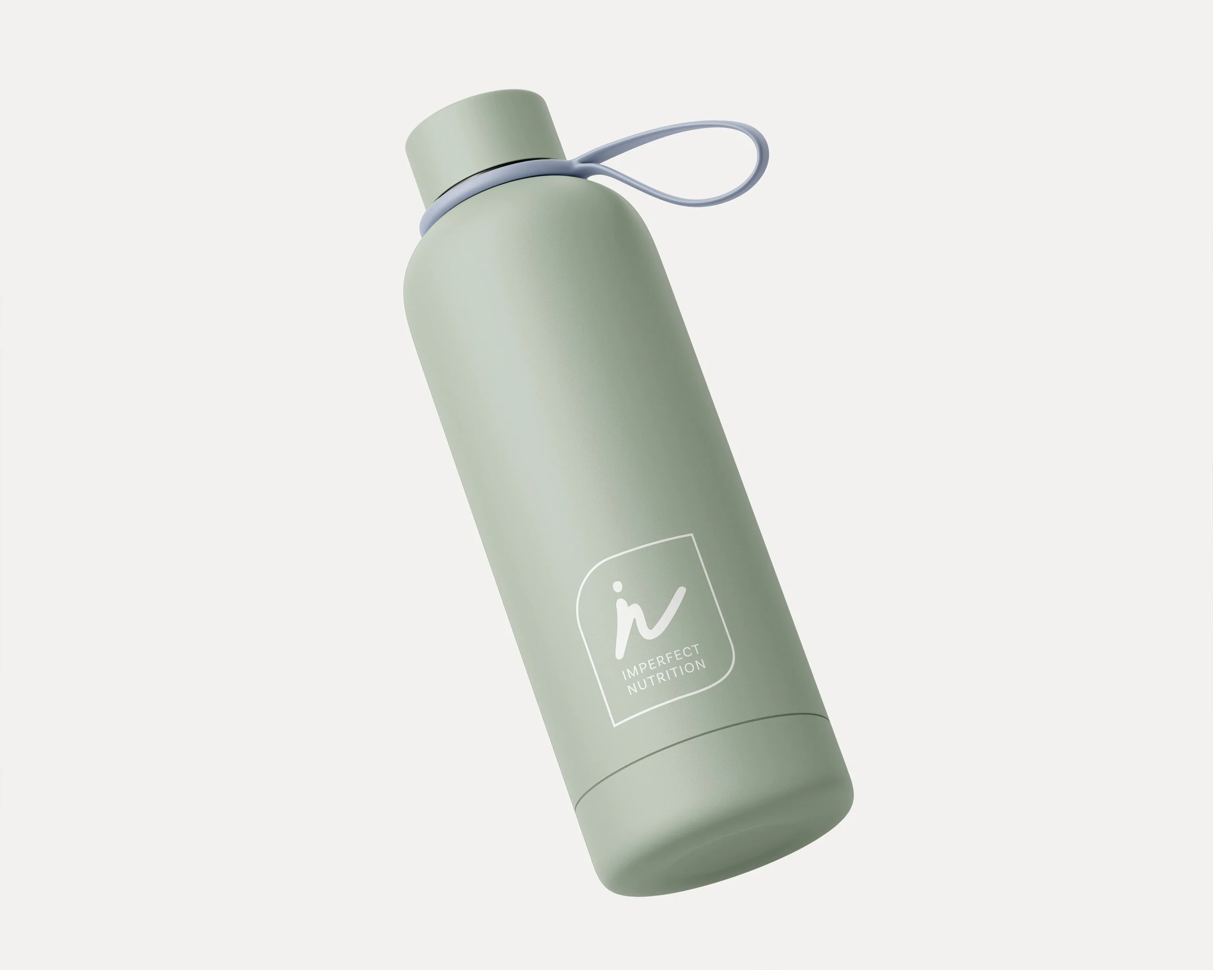 A light green reusable water bottle with a white logo and a gray loop strap.