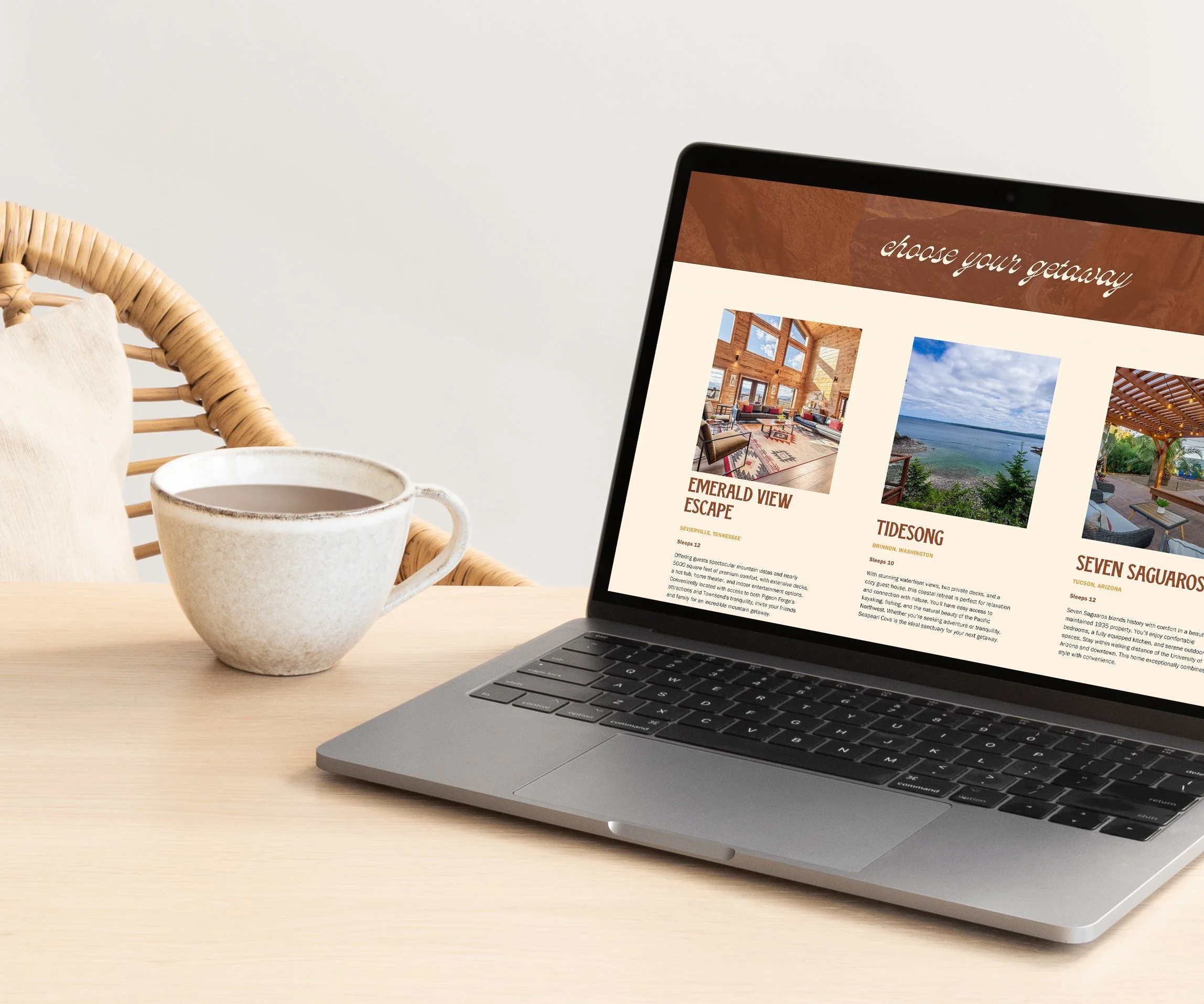 Laptop displaying a travel booking website with options for vacation destinations, on a light wooden table next to a mug of coffee and a rattan chair.