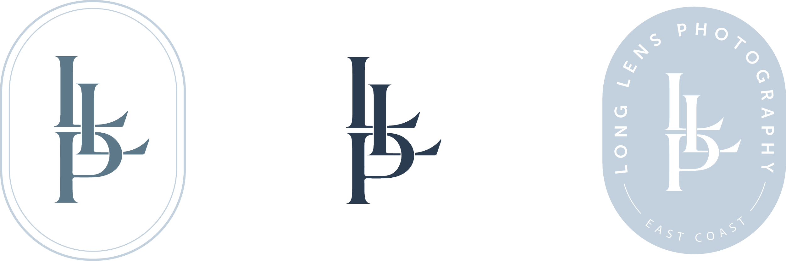 Logo with the letters 'LE' and 'LP' vertically aligned inside an oval, with 'LEENS PHOTOGRAPHY' and 'EAST COAST' written around the oval, and a second version with a darker background.