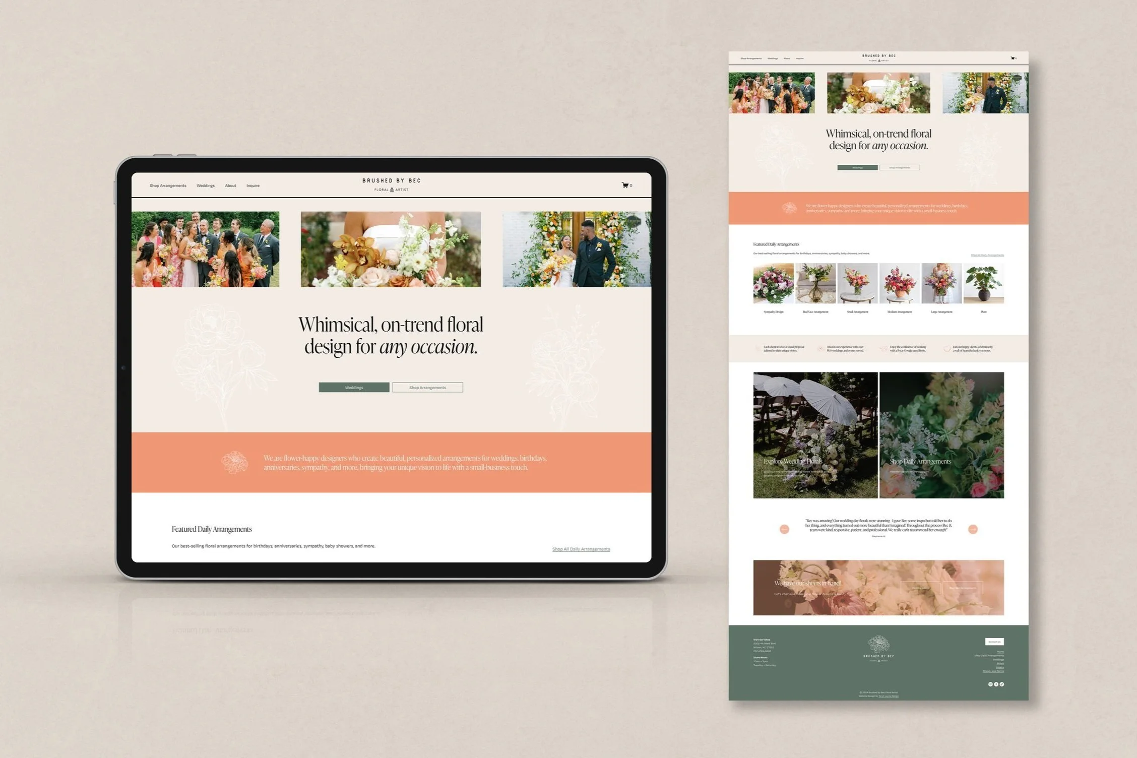 A tablet and a smartphone display a floral arrangement website with images of flowers and wedding scenes, featuring a beige background and green, peach, and pink accents.