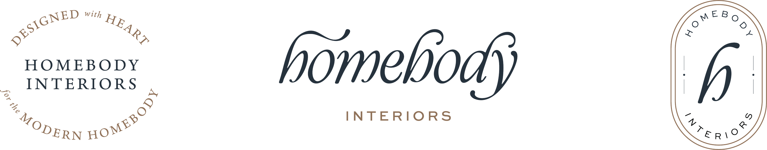 Three different interior design logos for 'Homebody Interiors,' each with a distinct style.