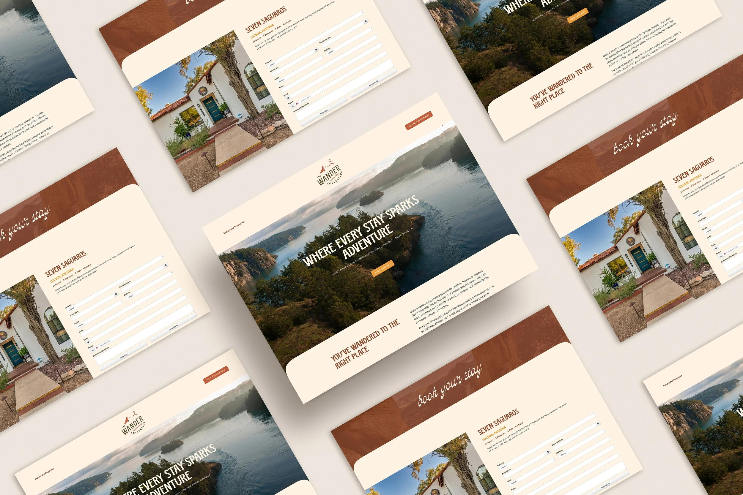 Multiple website mockups for a travel accommodation called 'Seven Saguaro' showing scenic landscape photos, booking forms, and welcoming text.