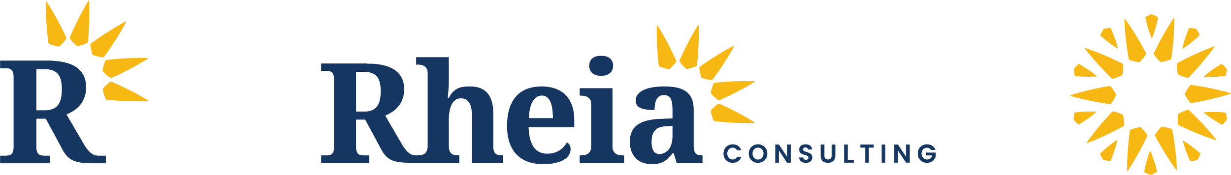 Logo for Rheal Consulting featuring the company name with stylized sunburst graphics in gold and blue.