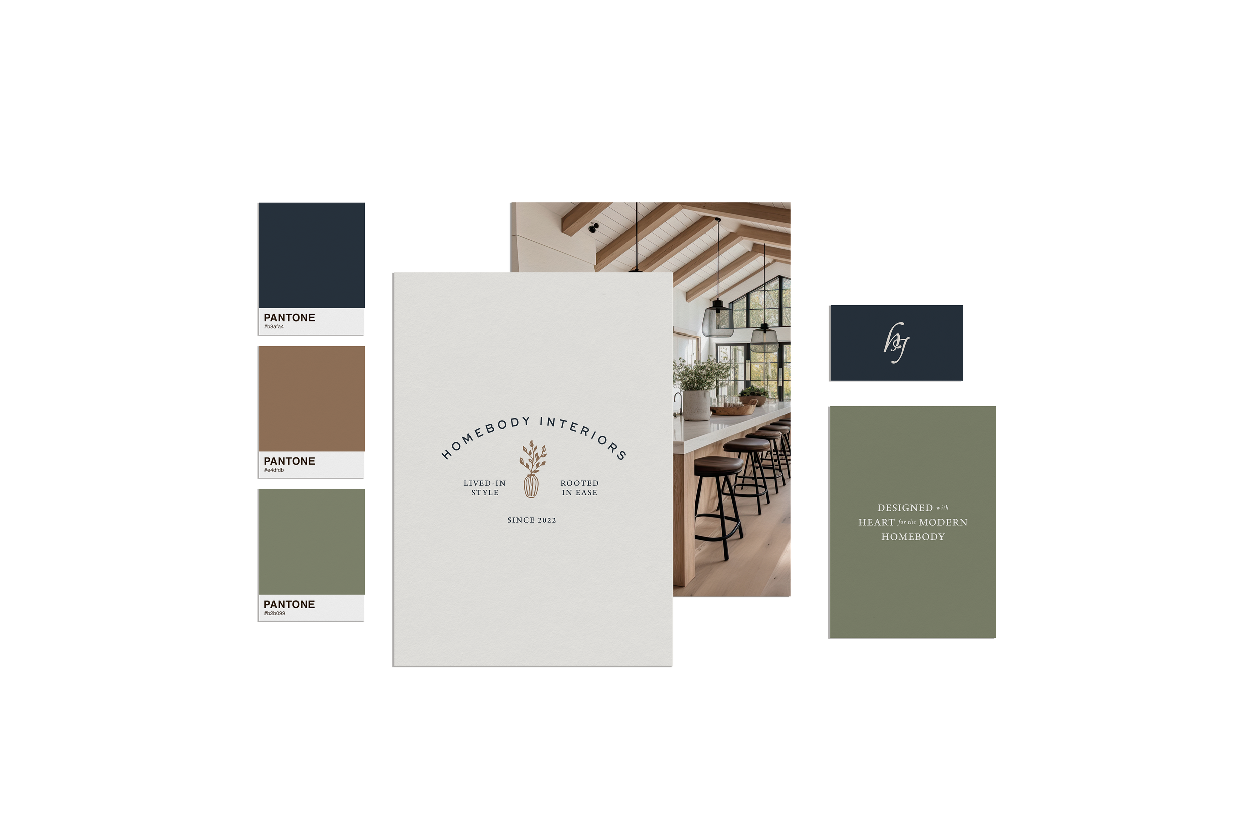 Interior design mood board featuring neutral and earthy color palette with Pantone swatches, a modern kitchen photograph, and branding materials for Homebody Interiors, emphasizing a modern home decor style.