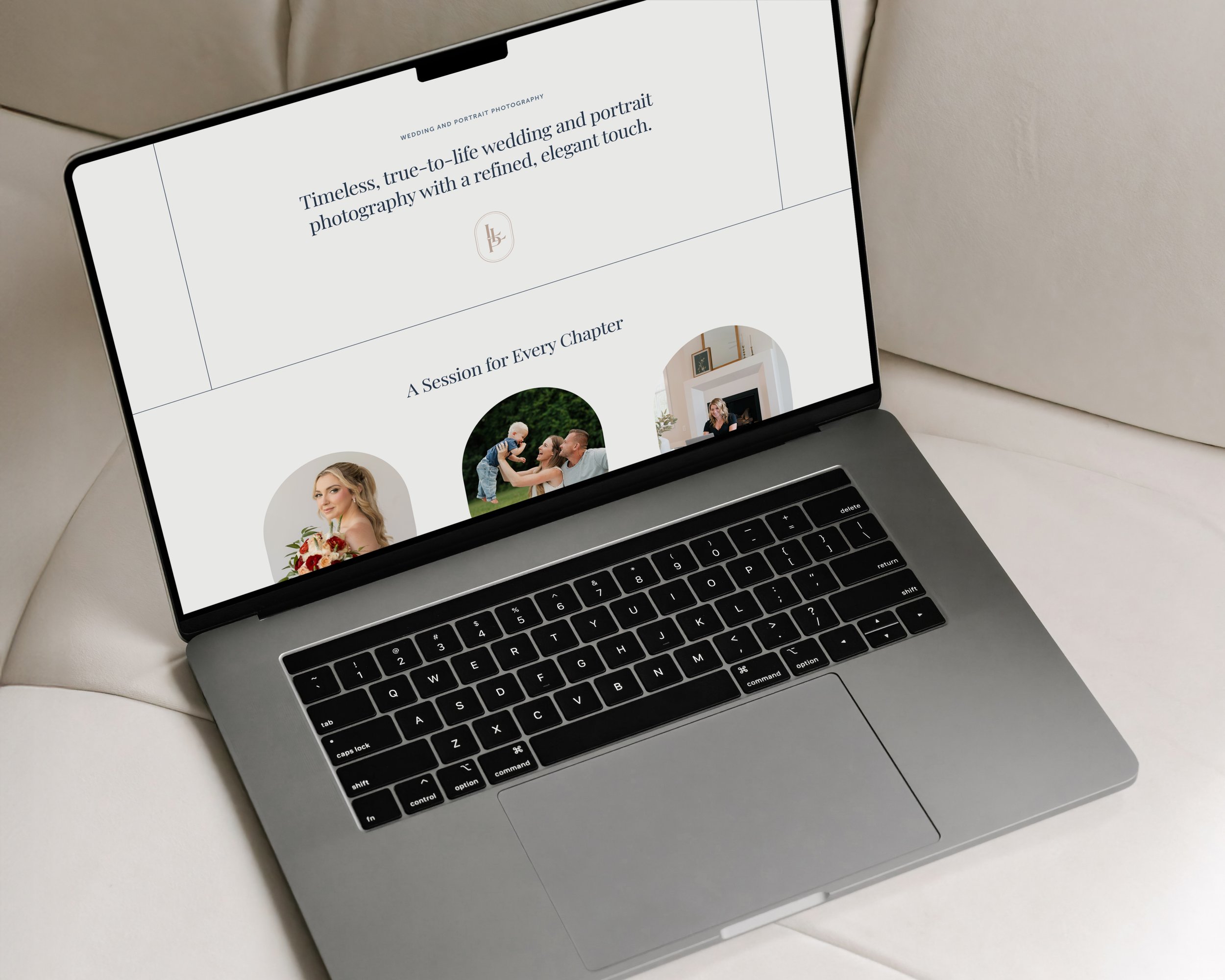 A laptop displaying a wedding photography website with images of a woman holding flowers, a family playing outdoors, and a woman sitting by a fireplace.