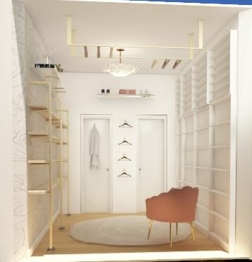 Modern walk-in closet with shelves, a pink chair, clothes hangers, and a circular rug