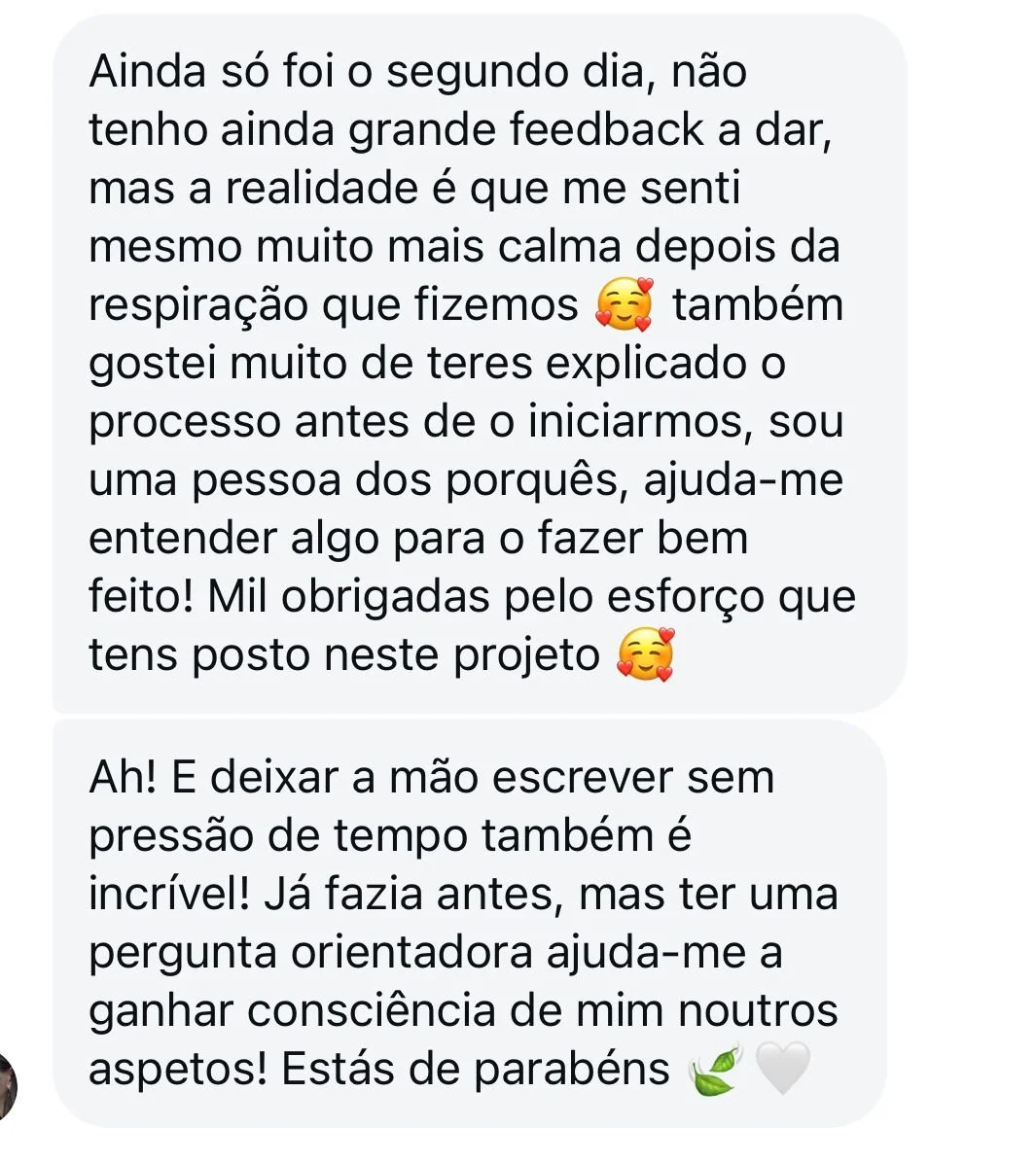 Screenshots of messages in Portuguese discussing personal growth, breathing exercises, and gratitude, including emojis like smiling faces with hearts and a leaf.